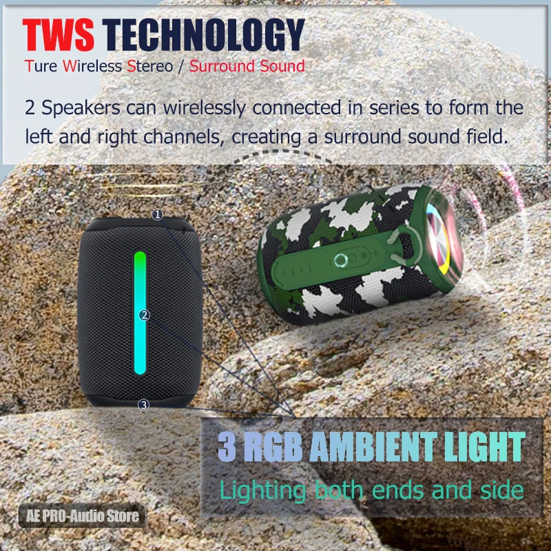 Enhanced Portable Bluetooth Speaker with LoudSound, Deep Bass, and RGB Ambient Light - Waterproof and TWS Stereo Capabilities