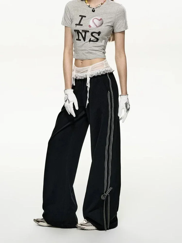 ADAgirl Bow Ribbon Pants with Lace Y2k Sports Chic Black