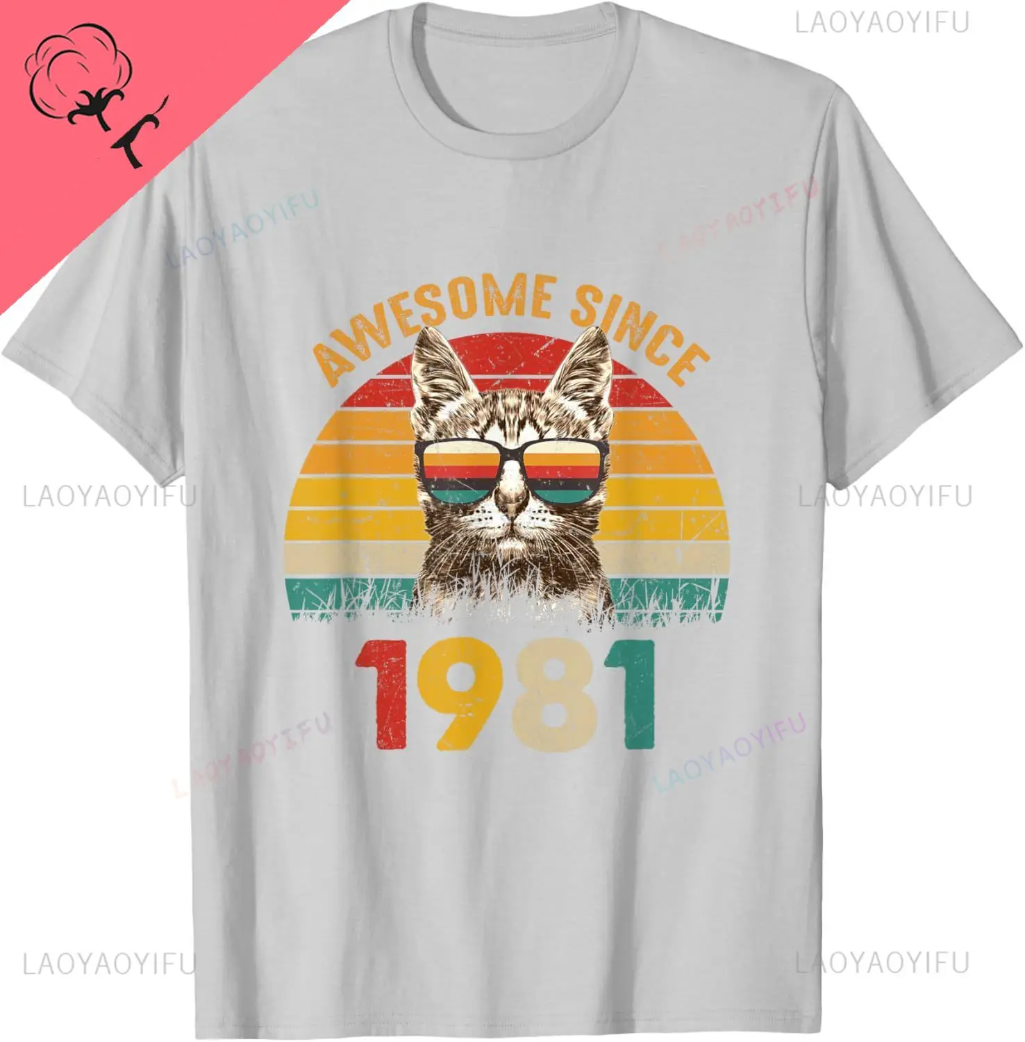 Vintage Cat Lover Awesome Since 1981 T-Shirt für Männer Frauen Paar Kawayi Grafik-T-Shirt Atmungsaktives und bequemes Baumwoll-T-Shirt – Detail 9