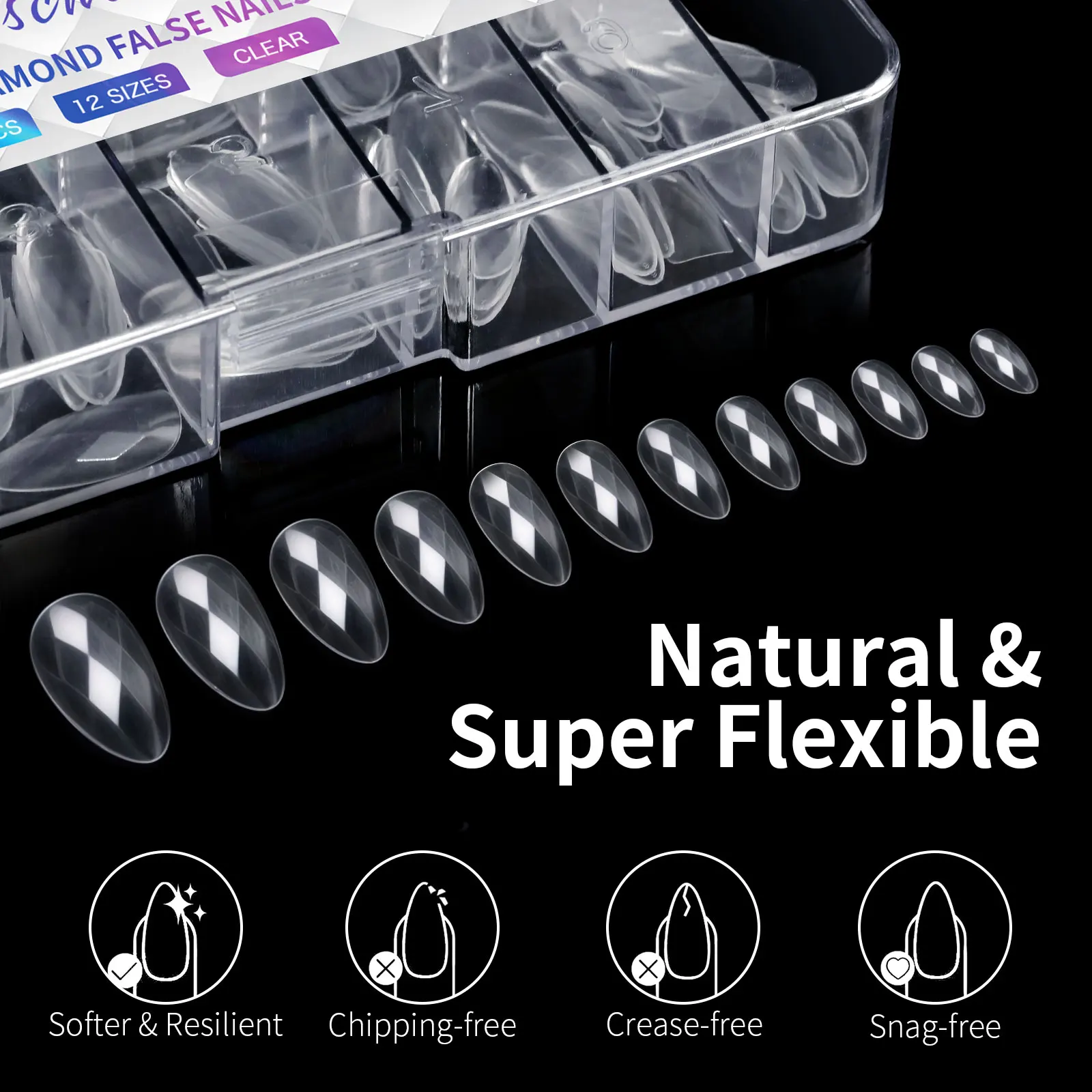 Fake Nails 3D Diamond Almond Ballet Coffin Clear Press On Nails For Acrylic Gel Reusable 120/140Pcs DIY Nail Supplies
