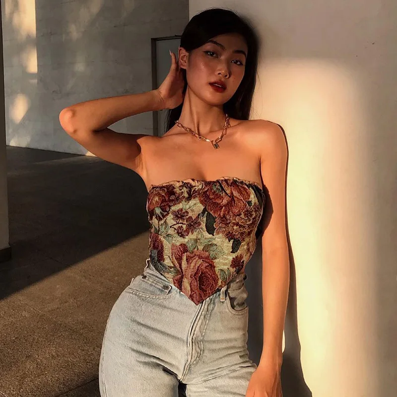 Summer Ladies Vintage Floral Print Crop Corset Bandage Backless Tops Women Slim Sexy Elegant Streetwear Club Vacation Tank Vest