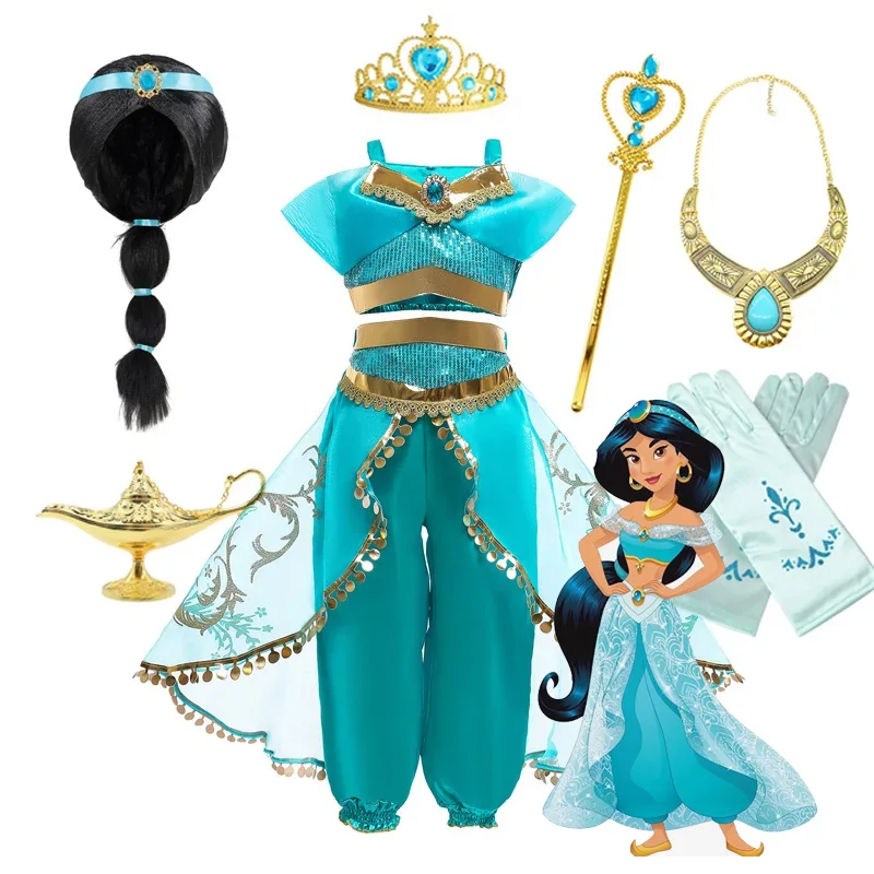 

Платье принцессы жасмин для девочек на день рождения Женский карнавальный Косплей Аладдин агический костюм с лампой платья комплект одежды на Хэллоуин