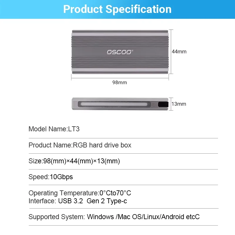 OSCOO LT3 M.2 RGB SSD Enclosure Adapter Support SATA & NVMe NGFF Dual Protocols Compatible M.2 2242/2260/2280 SSD Can Up to 4TB