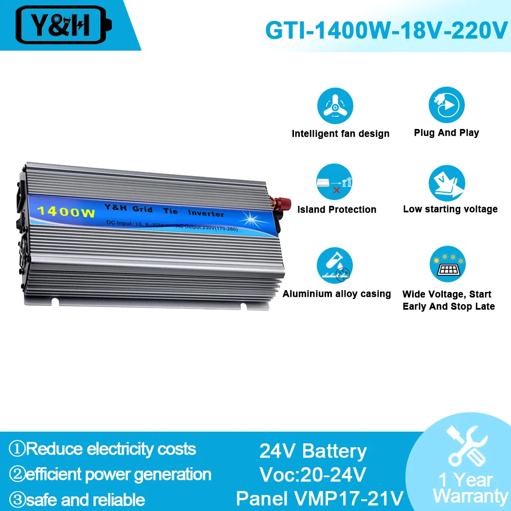 1400W Grid Tie Solar Inverter MPPT Pure Sine Wave Micro Inversor DC30-45V  PV Input AC120V/220V for 36V Solar Panel Home System