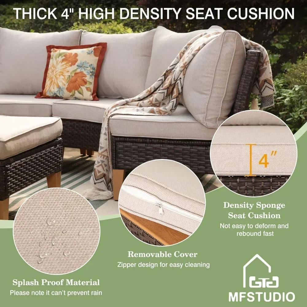 7 Pieces Wicker Patio Furniture Set, All-Weather Rattan Outdoor Conversation Half-Moon Curved Sectional Sofa Set for Garden 4
