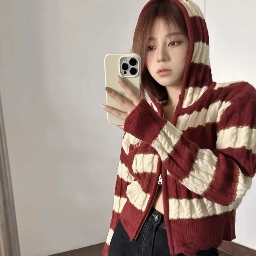 

American Vintage Hottie Striped Cropped Sweater 2023 Autumn Winter New Fashion Gothic Streetwear Women Hooded Cardigan Coat