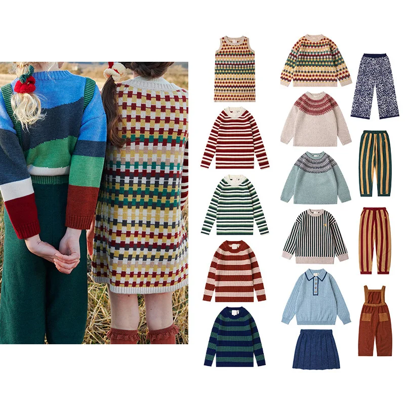 

Pre-sale Girls' Set 2023 Autumn/Winter KP Pastoral Children's Stripe Knitwear Sweater Short Skirt Strap Pants Fashion Set