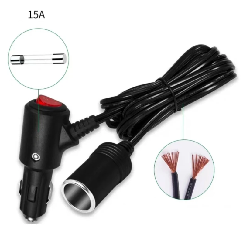Car Cigarette Lighter Extension Cord with On/off- Button Max180W for Car , Vacuum Cleaners, Fans, LED Lights, 5