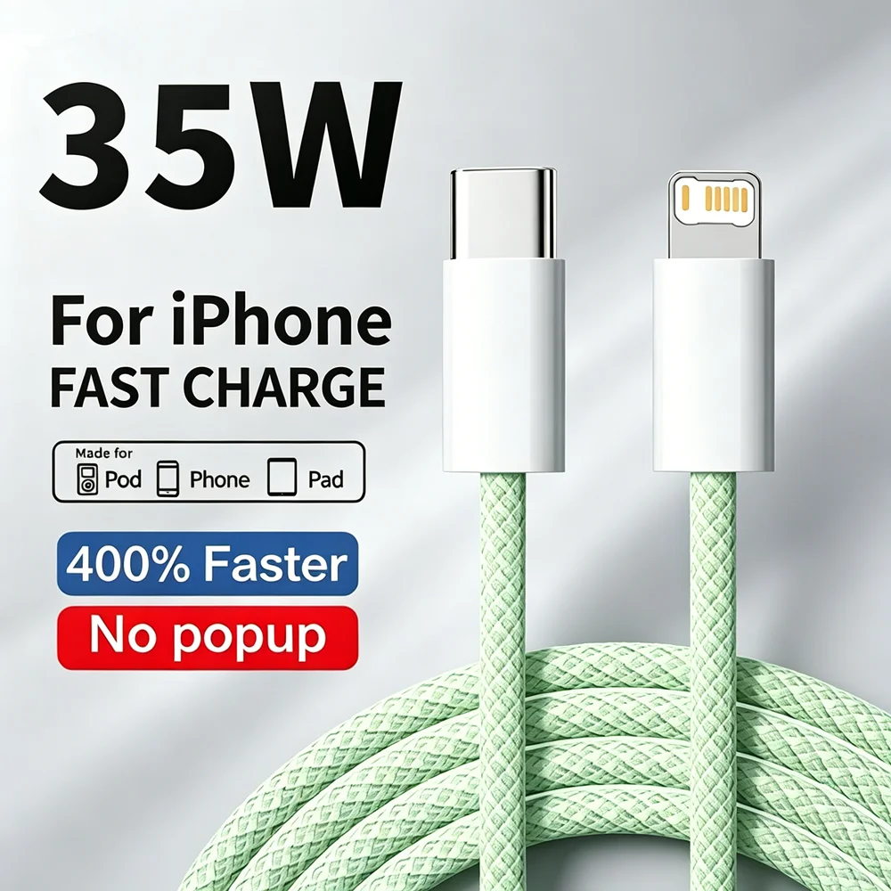 PD 35 Braided Wire Fast Charge Cable For iPhone 11 12 13 Mini 14 Pro X XR XS Max 7 8 Plus Rapid Charging USB-C Data Cable 1m 2m