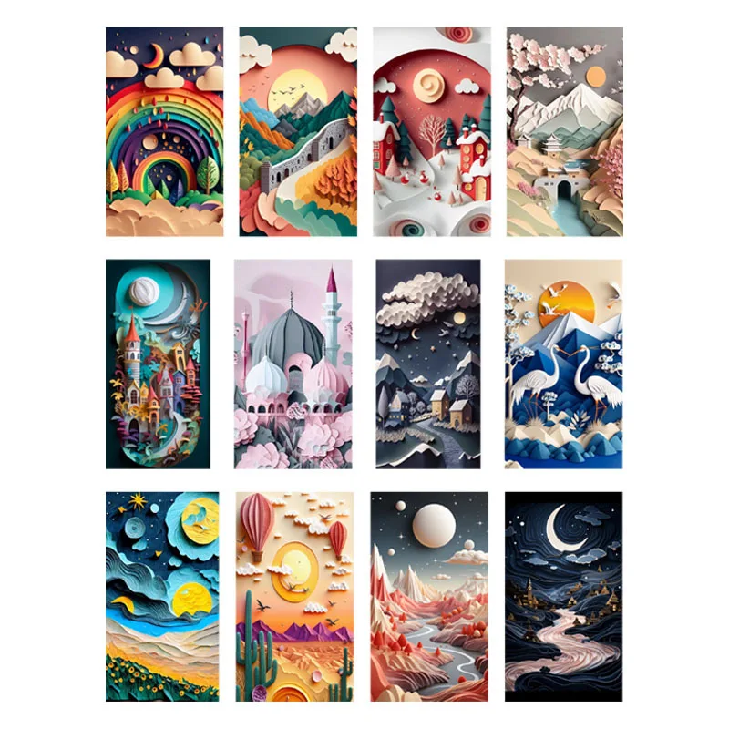 Creativo 3D Paper Art Poster Landscape Painting Series Heat Transfer Sticker Felpa Con Cappuccio Giacca Applique Decorativa Castle Rainbow