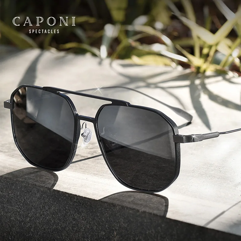 

CAPONI Polarized Men's Sunglasses Titanium Alloy Photochromic Driving Sun Glasses UV400 Protection Classic Brand Shades BS8083