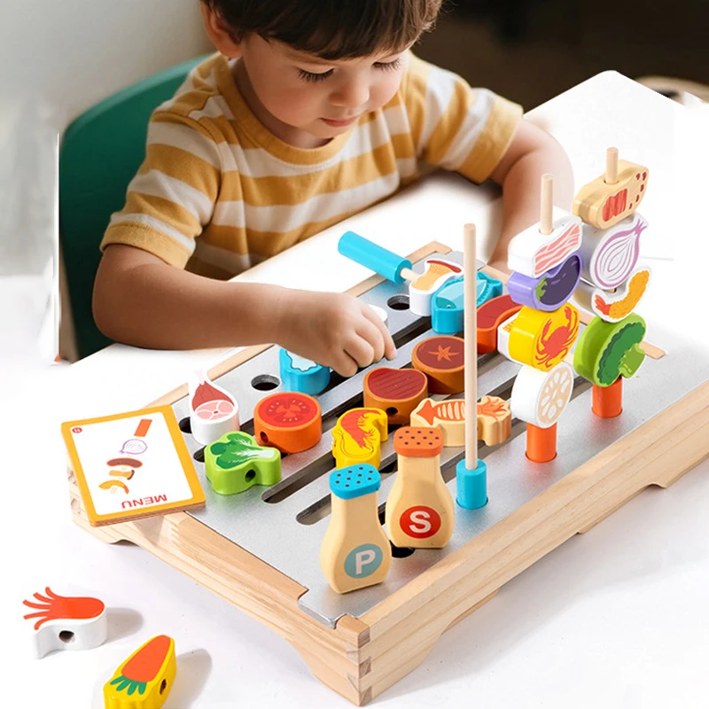 Montessori Wooden Pretend Play Kitchen Toys Dessert Puzzle Toys Simulation Barbecue Pretend Role Indoor Game For Toddlers Age 3+ kitchen toys pretend kitchen toys pretend food toys