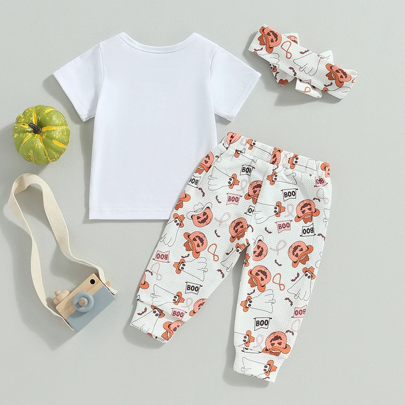 

Baby Girls Outfit Ghost Pumpkin Print Long Sleeve Crew Neck T-shirt with Pants Headband Halloween Clothes