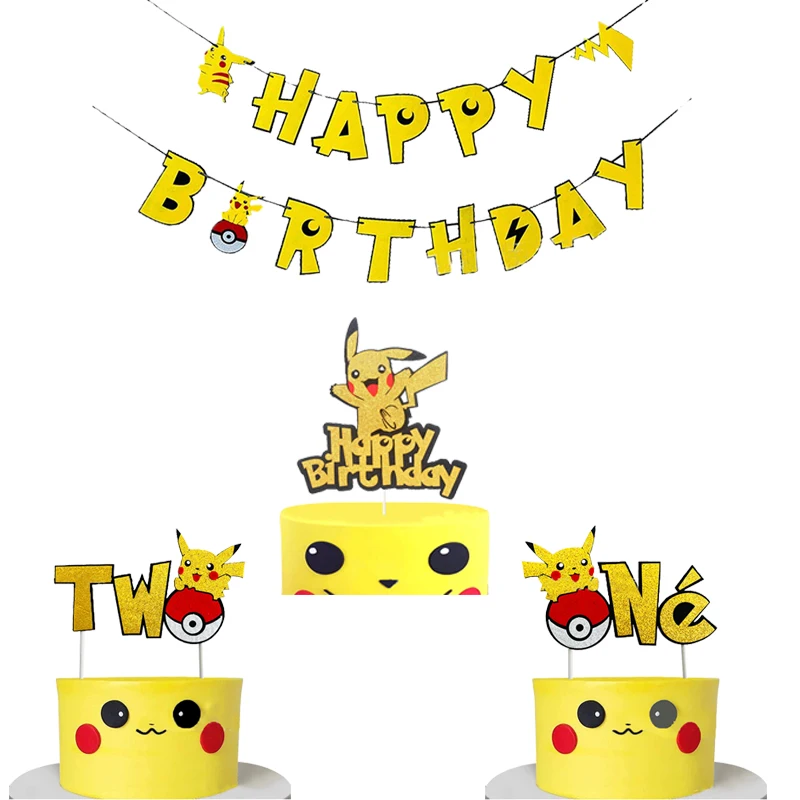 

Pokémon anime Pikachu theme Kawaii birthday party banner cake insert flag sign party supplies decor Pokémon decor gift kids toys