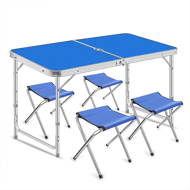 Vicllax camping kit, folding, portable, table, 4 chairs, 60x120 cm Outdorr 60*120cm portable folding table with chair for garden party picnic BBQ Outdoor set chairs aluminium alloy waterproof durable Blue