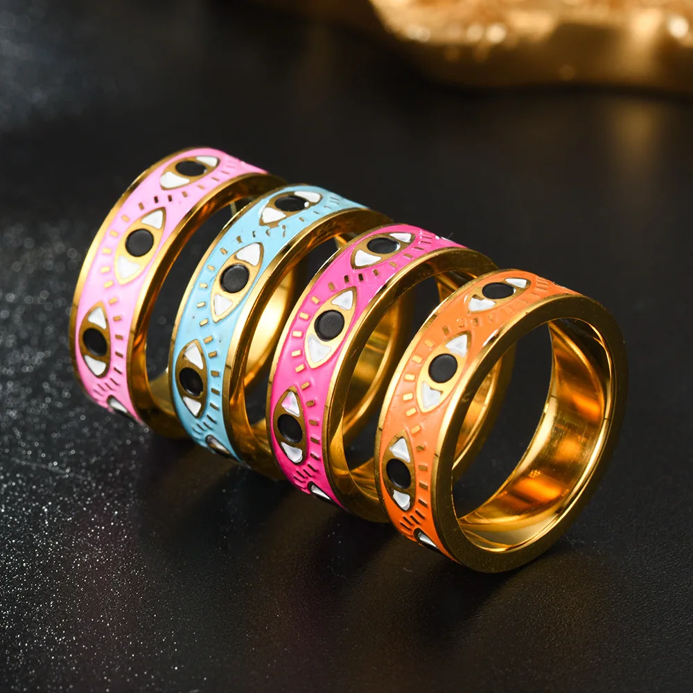 Pink Red Blue Enamel Engrave Cute Lovely Turkish Evil Eye Stainless Steel Rings 6MM Gold Color Eternity Band Rings For Women for samsung galaxy watch 6 wave texture two color silicone watch band white pink