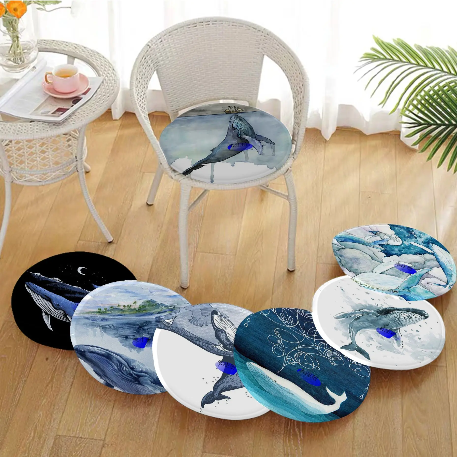 

Blue Watercolor Marine Big Whale Ship Sea Nordic Sofa Mat Table Chair Cushions Unisex Fashion Anti-slip Outdoor Garden Cushions