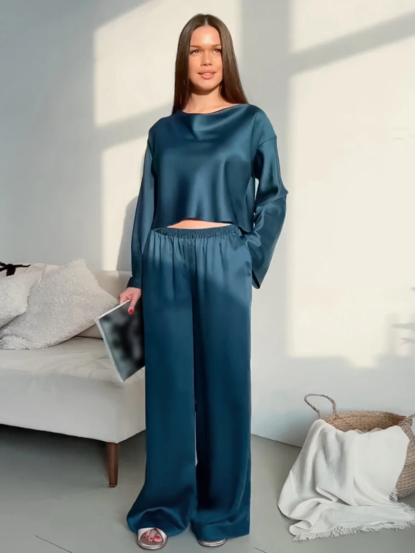 

Marthaqiqi Loose Women Sleepwear Set O-Neck Nightwear Long Sleeve Nightgowns Sexy Crop Top Pajamas Pants Ladies Home For Clothes
