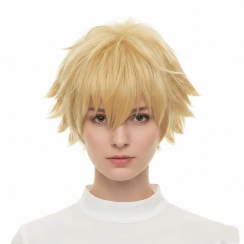 Parrucca sintetica corta bionda soffice e spigolosa, resistente al calore, per cosplay anime, per uomo, per feste di Halloween, giochi di ruolo, copricapo quotidiano - immagine 6