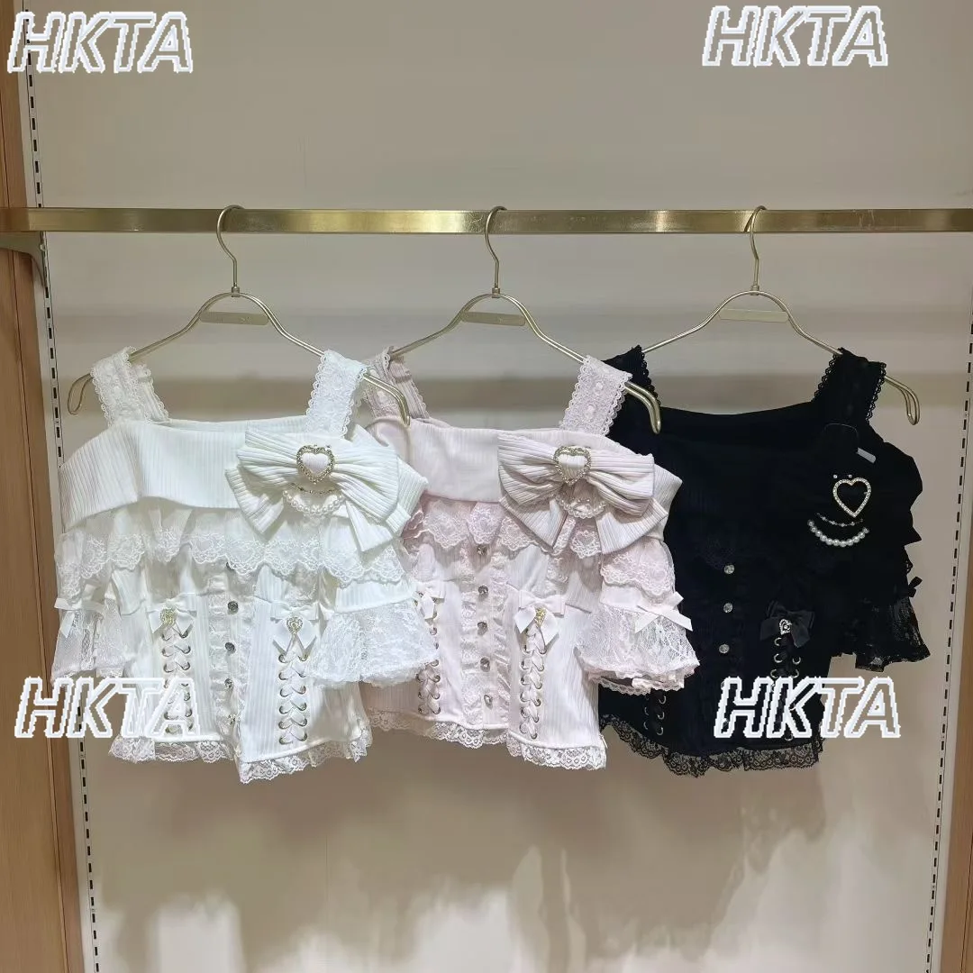 Japanese Sweet Big Bow Slimming Strap Off-Shoulder Tshirt Newest Lolita Kawaii Cute Heavy Lace Patchwork Knitted T-Shirts Top