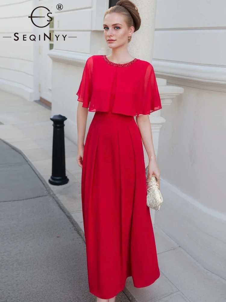 

SEQINYY Red Midi Dress Summer Spring New Fashion Design Women Runway Short Sleeve Beading Cloak High Street Casual A-Line