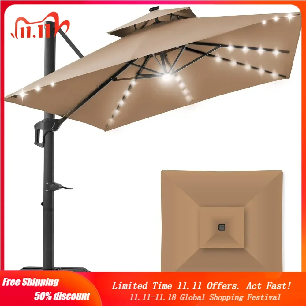 10x10ft 2-Tier Square Cantilever Patio Umbrella with Solar LED Lights, Offset Hanging Outdoor Sun Shade