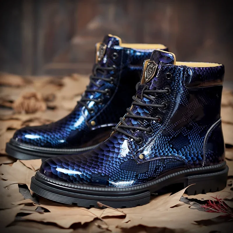 Men Boots Leisure Leather Short Shoes Ankle Round Toe Snake Pattern Shoes dress shoes men designer chaussure zapato homme