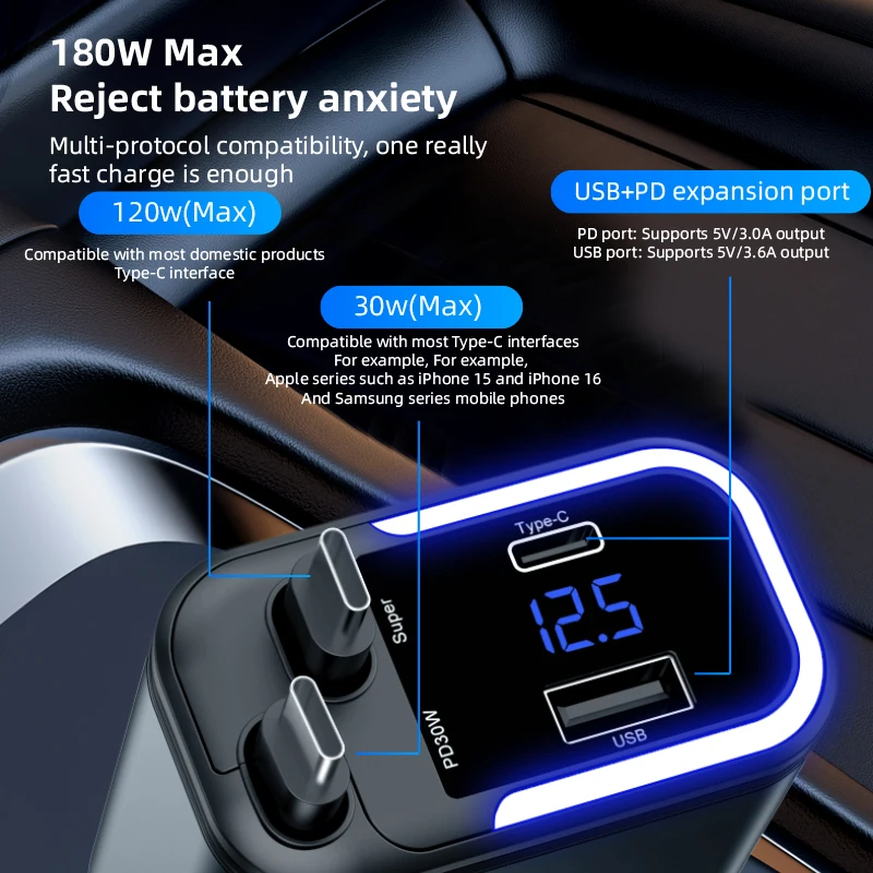 One set of four mobile phone chargers, 2 sets of cables with Type-C ports, one USB port and one Type-C port, support fast charge