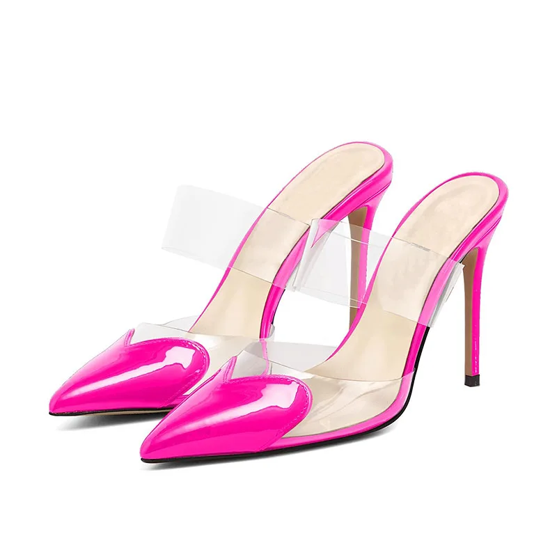 

Arden Furtado 2023 Summer Patent Leather Pointed toe Peach heart Stilettos heels Sexy Woman's Mixed Colors Baotou slippers