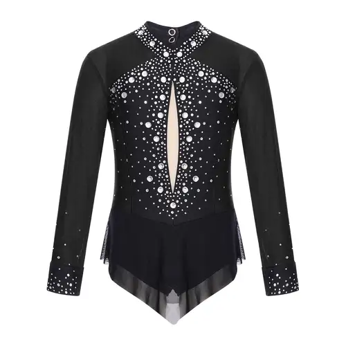 Kids Girls Rhinestones Color Block Rhythmic Gymnastics Dress Mesh Patchwork Leotard Skirted Bodysuit for Dancing Figure Skating - Image 4