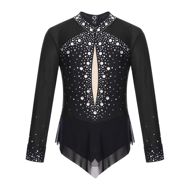 Kids Girls Rhinestones Color Block Rhythmic Gymnastics Dress Mesh Patchwork Leotard Skirted Bodysuit for Dancing Figure Skating - Image 4