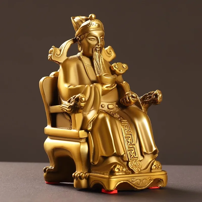 Pure Copper God of Wealth Statue - Sitting on Dragon Throne with Ruyi Scepter & Gold Ingots, Lucky Feng Shui Decor ，Home/Office