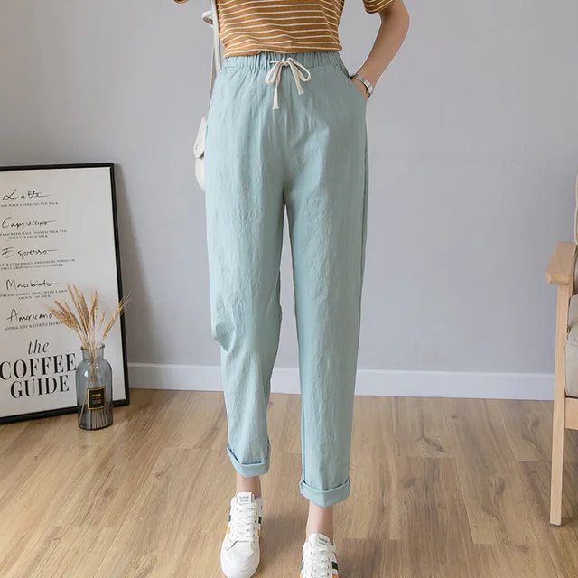 Women Casual Harajuku Long Ankle Length Trousers 2022 Summer Autumn Large Solid Elastic Waist Cotton Linen Pants Black Pants ArmyGreen 1