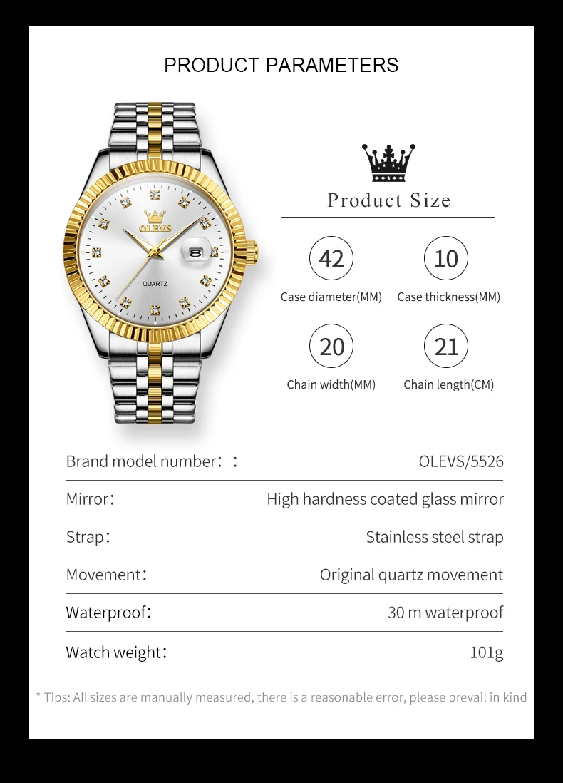Relógio Masculino OLEVS Minimalista - Aço Inoxidável - Impermeável 30m - Com Diamante