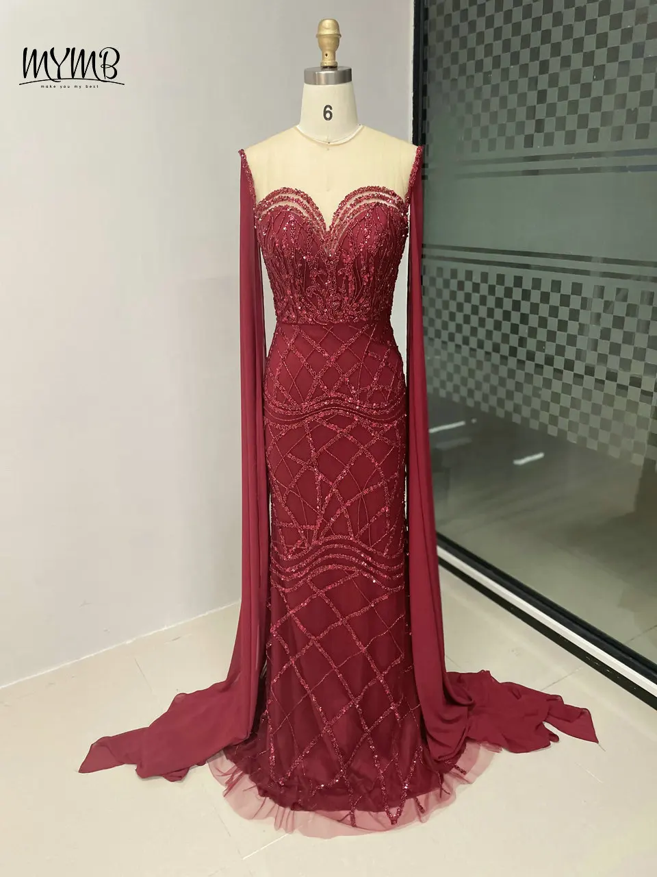 MYMB Luxus Kristall Perlen Abendkleider Für Frauen Arabisch Sexy High Split Lange Sheer Cape Ärmeln Hochzeit Party Formale Kleider – Detail 7