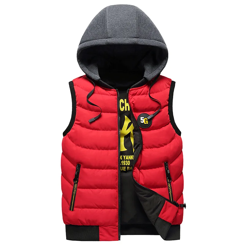 Men's Printed Hooded Vest, Fall Winter Thermal Cotton Streetwear, Zip-Up Casual Outdoor Puffer