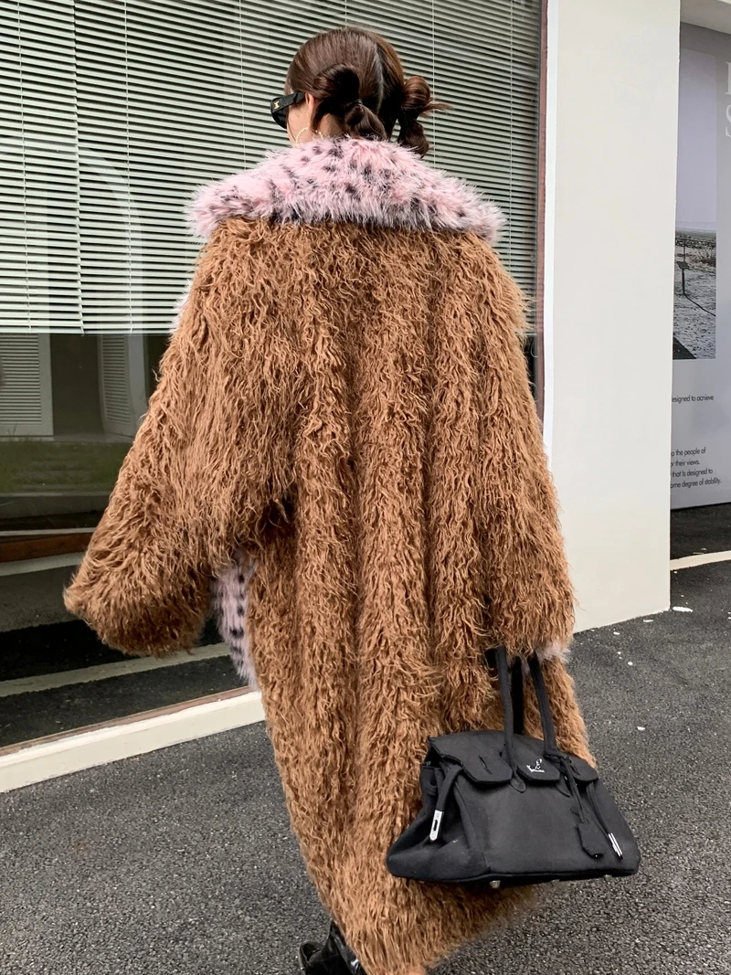Stylish Khaki Faux Fur Coat Long Style Lapel Jacket Women's Winter Clothing Free Shipping