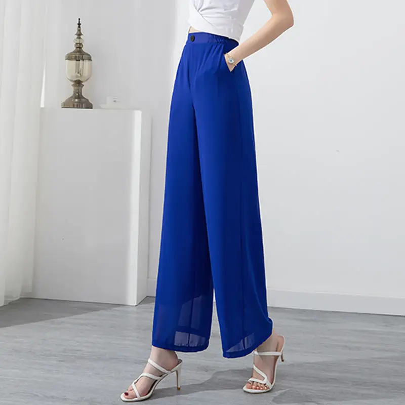 2023 Summer Commuting Simple and Fashionable High Waist Button Back Elastic Belt Solid Color Versatile Women's Wide Leg Pants