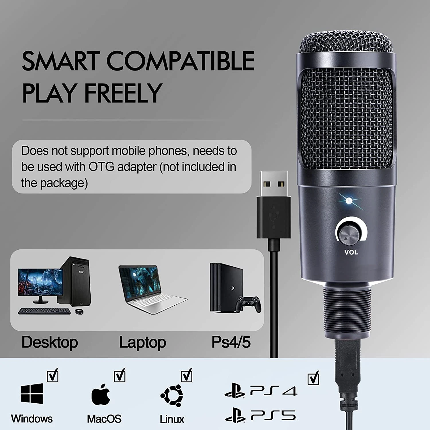  Kit de micrófono USB, micrófono profesional de condensador de  PC para juegos, video de , grabación de música, voz en off, karaoke,  micrófono de estudio con soporte de brazo ajustable 