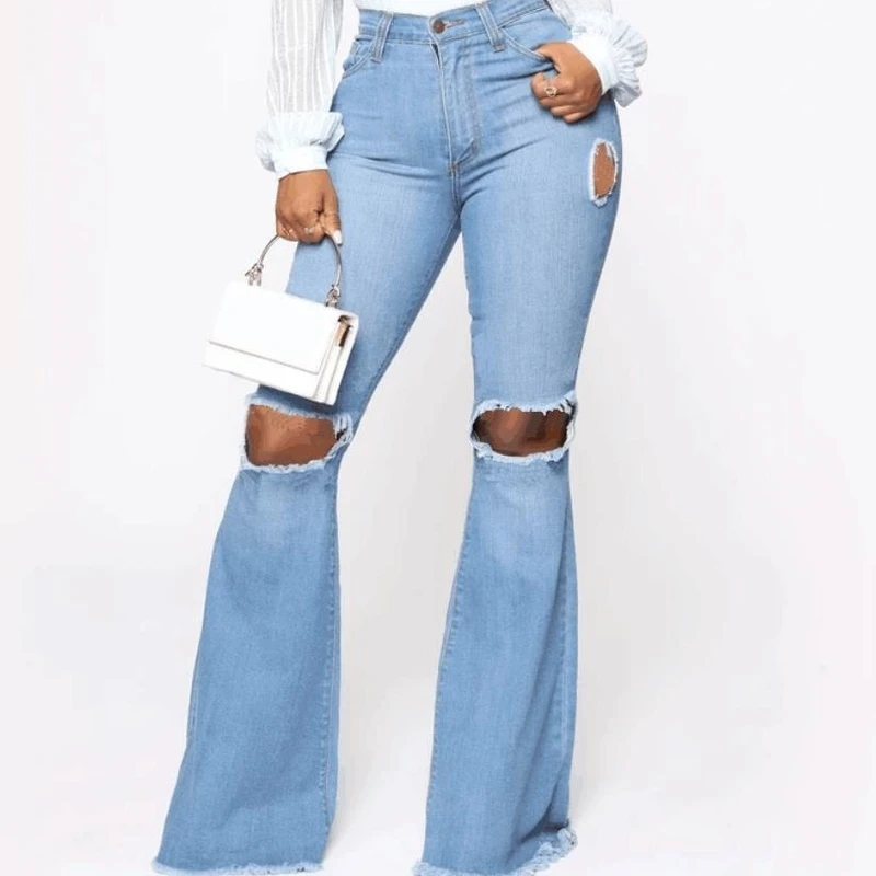 Women Fashion Street Casual Denim Pants 2021 Autumn Summer Ripped Jeans Lady Sexy Flare Jean Female Spring High Waist Trousers queechalle 2021 spring autumn plaid suit jacket coat female back split formal workwear notched office lady coats women s blazer