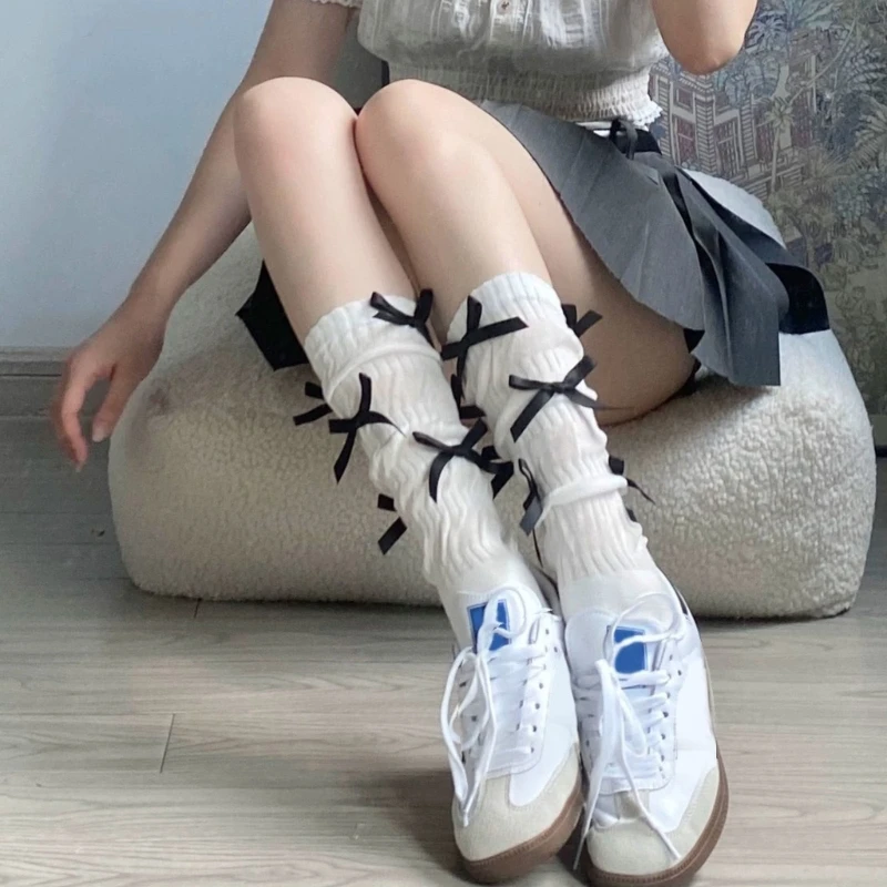 여자 송아지 양말 봄과 가을 캠퍼스 스타일 양말 Bowknot 무릎 높은 양말