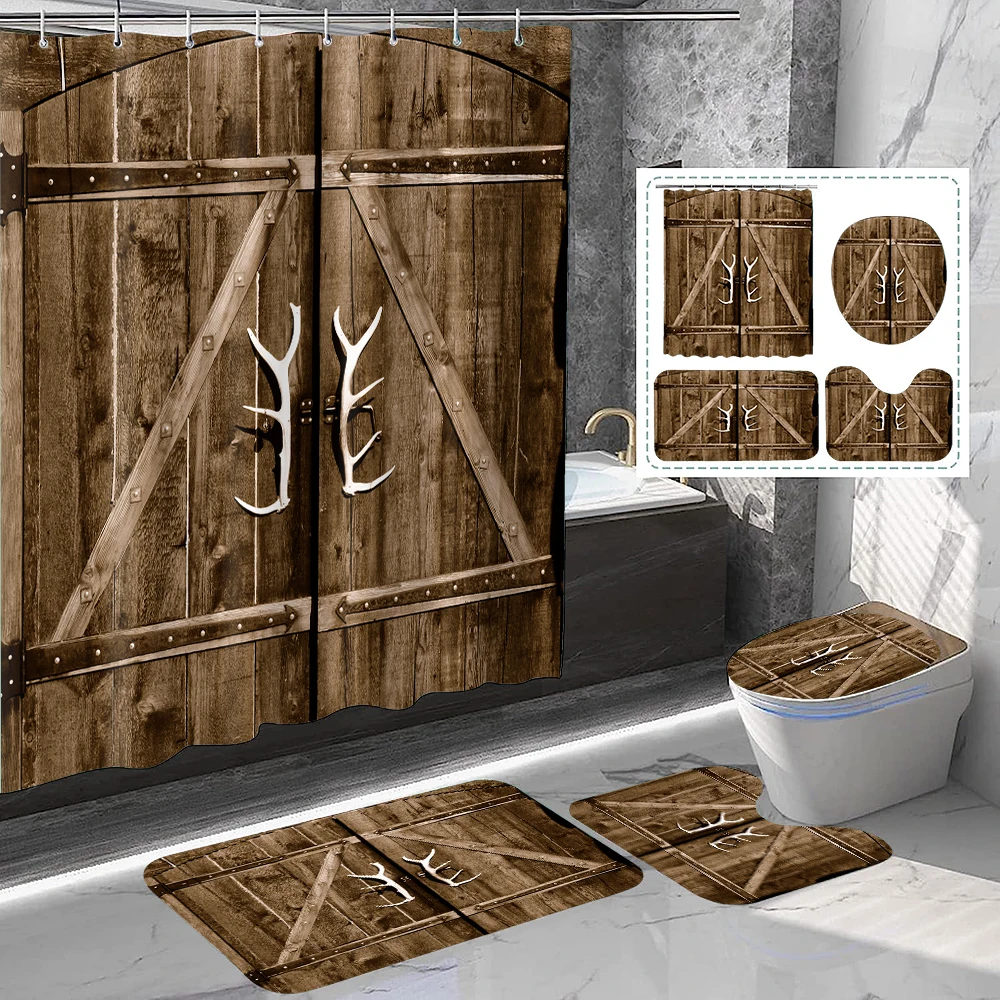 

Wooden Doors of Rural Farmhouses Shower Curtain Bathroom Floor Mat 4pcs Shower Curtain Decorative with Plastic Hook