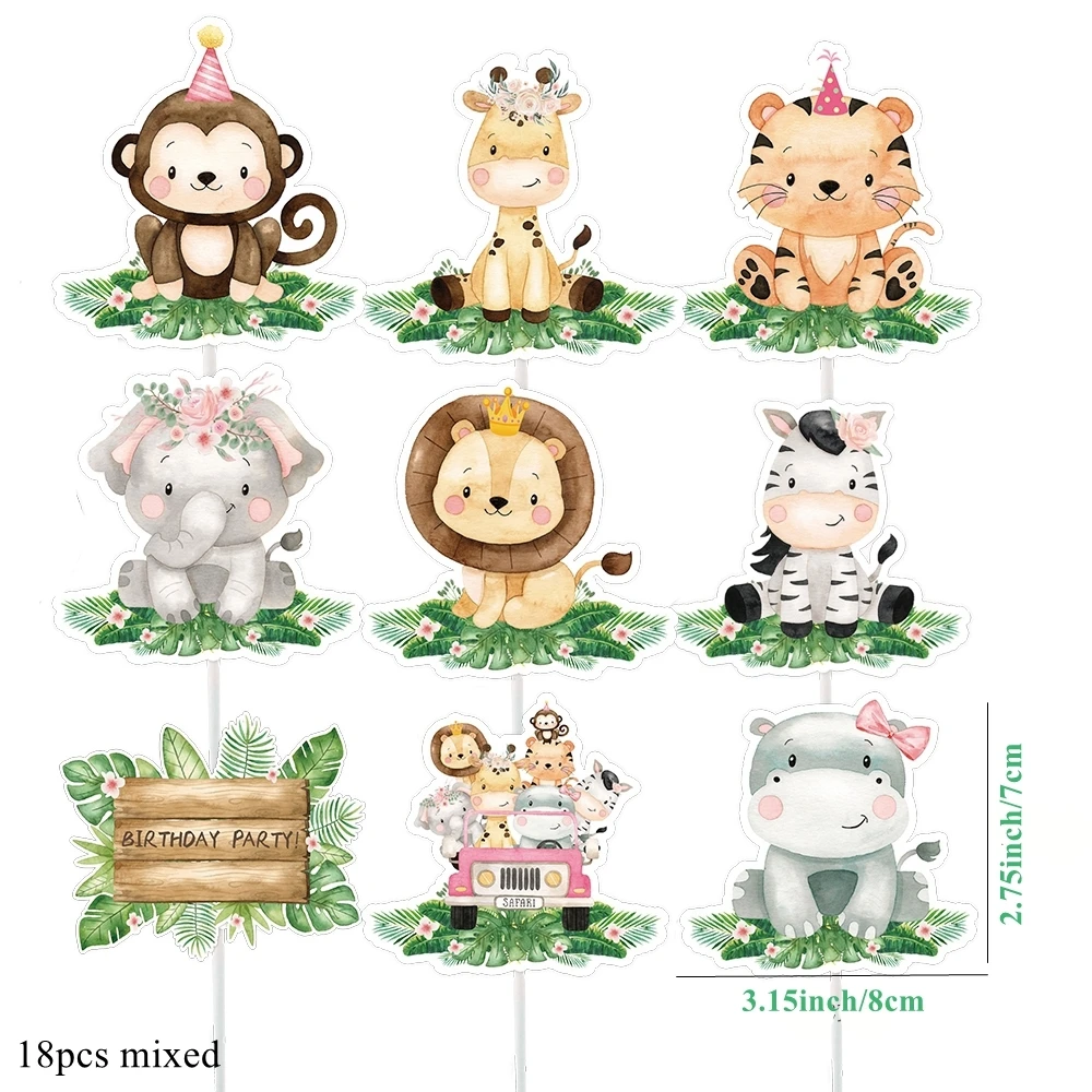 thumbnail image 1 of Adornos para cupcakes de animales de cartón de 18 piezas, adornos de papel rosa para fiesta de cumpleaños de Safari de jungla para niña, decoración de pasteles DIY, suministros para tartas, 1 of 4