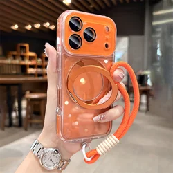 Luxury Crystal Transparent Magnetic Phone Case with Lanyard and Full Lens Protection - iPhone 15 (Orange)