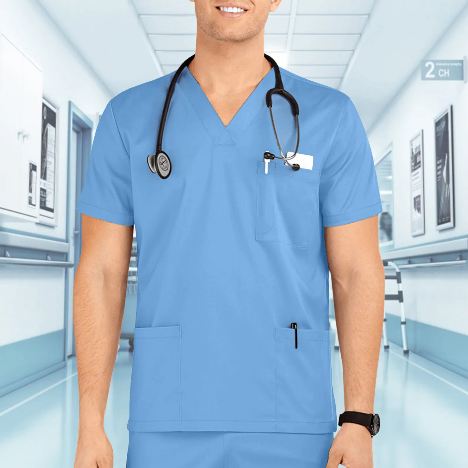 Mens Nurse Uniform Scrubs Tops Solid Color Short Sleeve Nursing Uniforms Healthcare Workers Workwear Blouse Medical Uniform Top