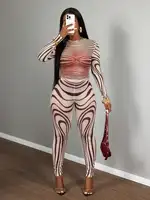 Sexy Sheer Mesh Zebra Print Bodycon Long Sleeve 2 Piece Set for Street Style Festivals Parties - Image 5