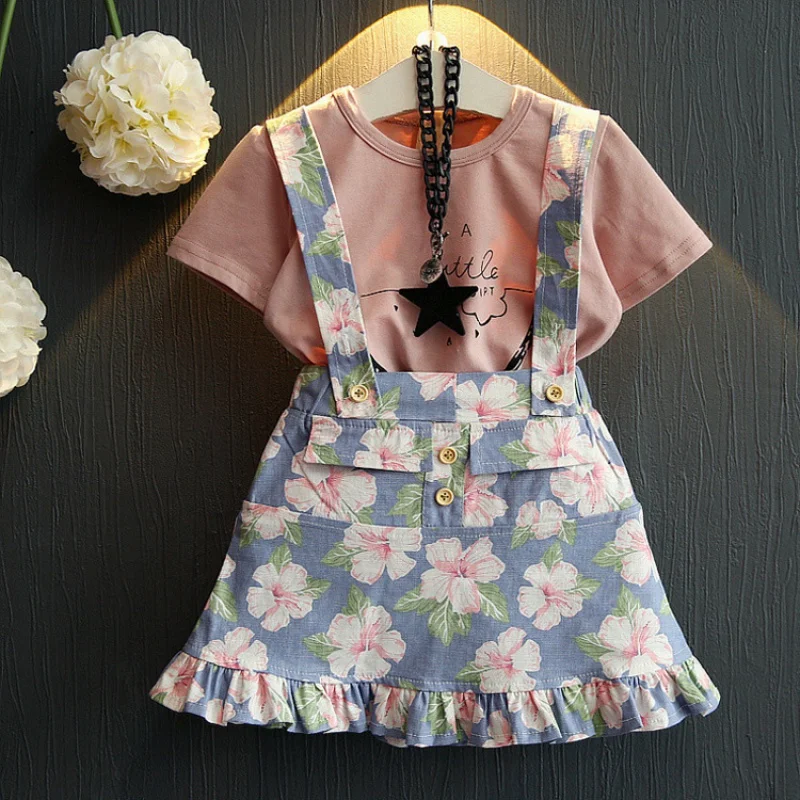 

New Children's Clothing Young and Little Girls WatermelonTT-shirt+Floral Suspender Skirt2Set in StockWS