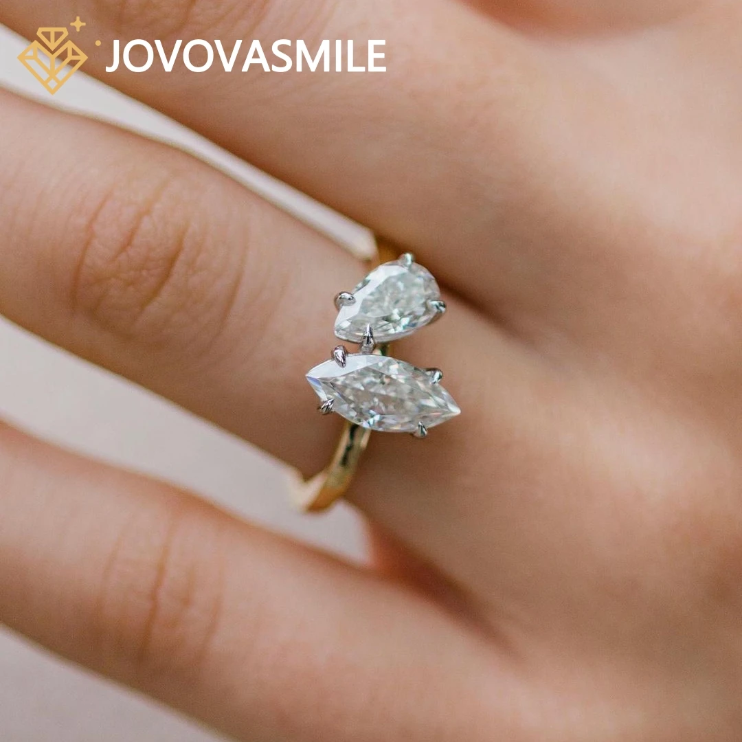 

JOVOVASMILE Two Stone Moissanite Rings 1.2 CT 8.25x5mm Crushed Ice Hybrid Pear Cut 1.4 Carat Marquise Shape 18k Gold With GRA