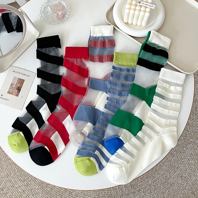 Multi-color Striped Socks Women Summer Ultra-thin Transparent Elastic Long  Socks Casual Harajuku Streetwear Crystal Silk Socks - AliExpress