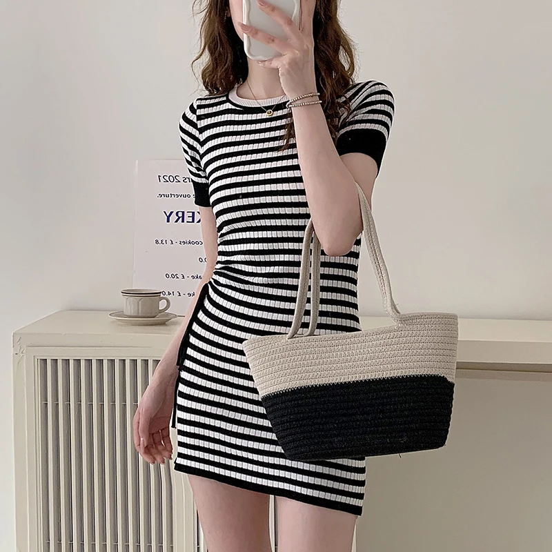 

Casual Striped Knitted Mini Dress Women Summer Short Sleeve Sweater Sheath Dresses Elegant Vestidos